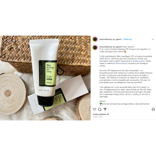 Cosrx Aloe Soothing Sun Cream SPF50+ PA+++ (Nawilżający krem przeciwsłoneczny) - opinie | zdjęcie do recenzji od Medea05